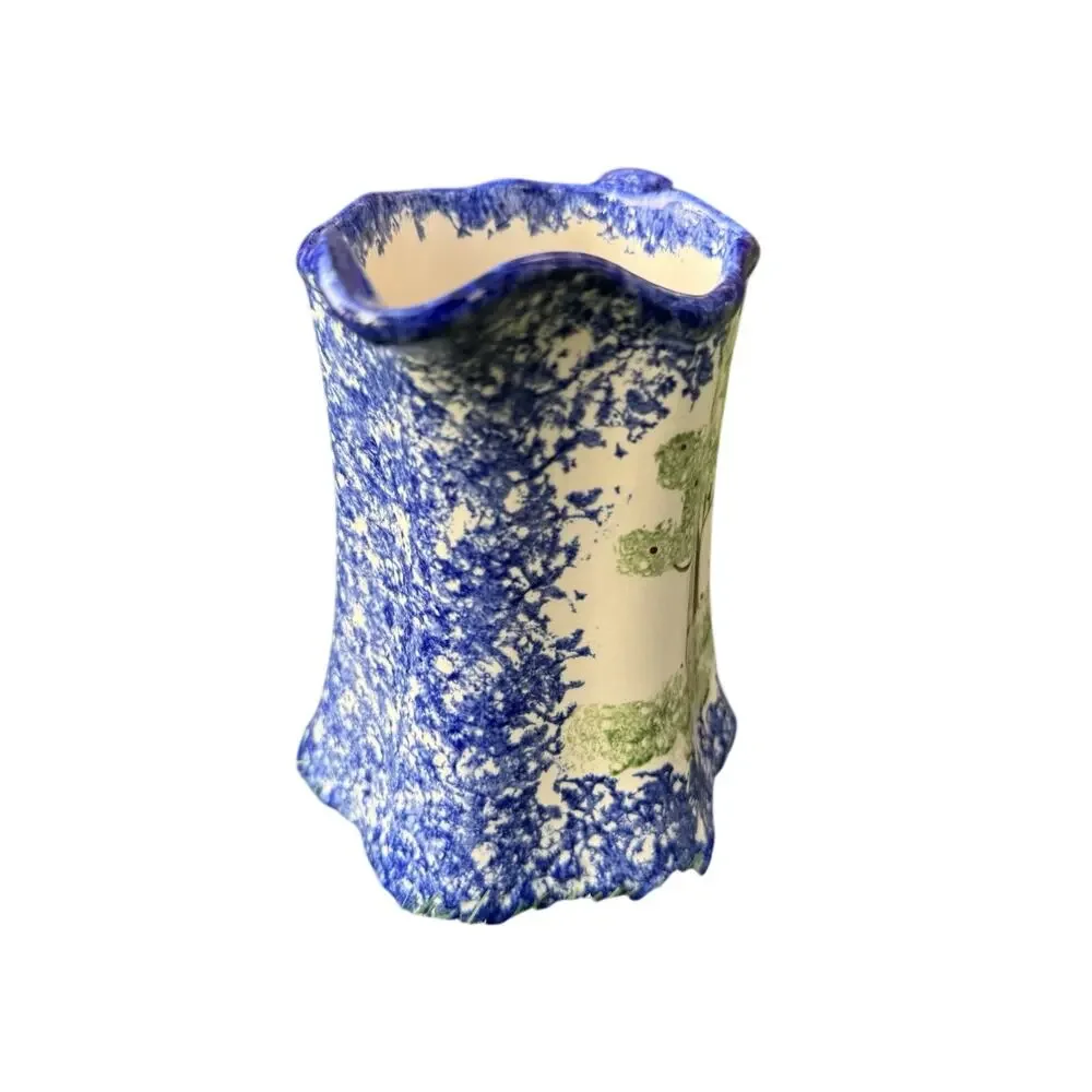 VTG Molly Dallas Blue Spatterware Ohio Folk Apple Tree Pitcher Wavy Handle 6.5